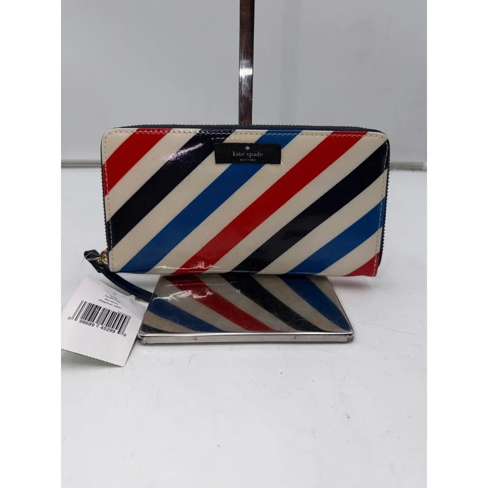 Kate Spade Neda Daycation Zip Around Wallet Red White Blue Stripe WLRU1182 NEW